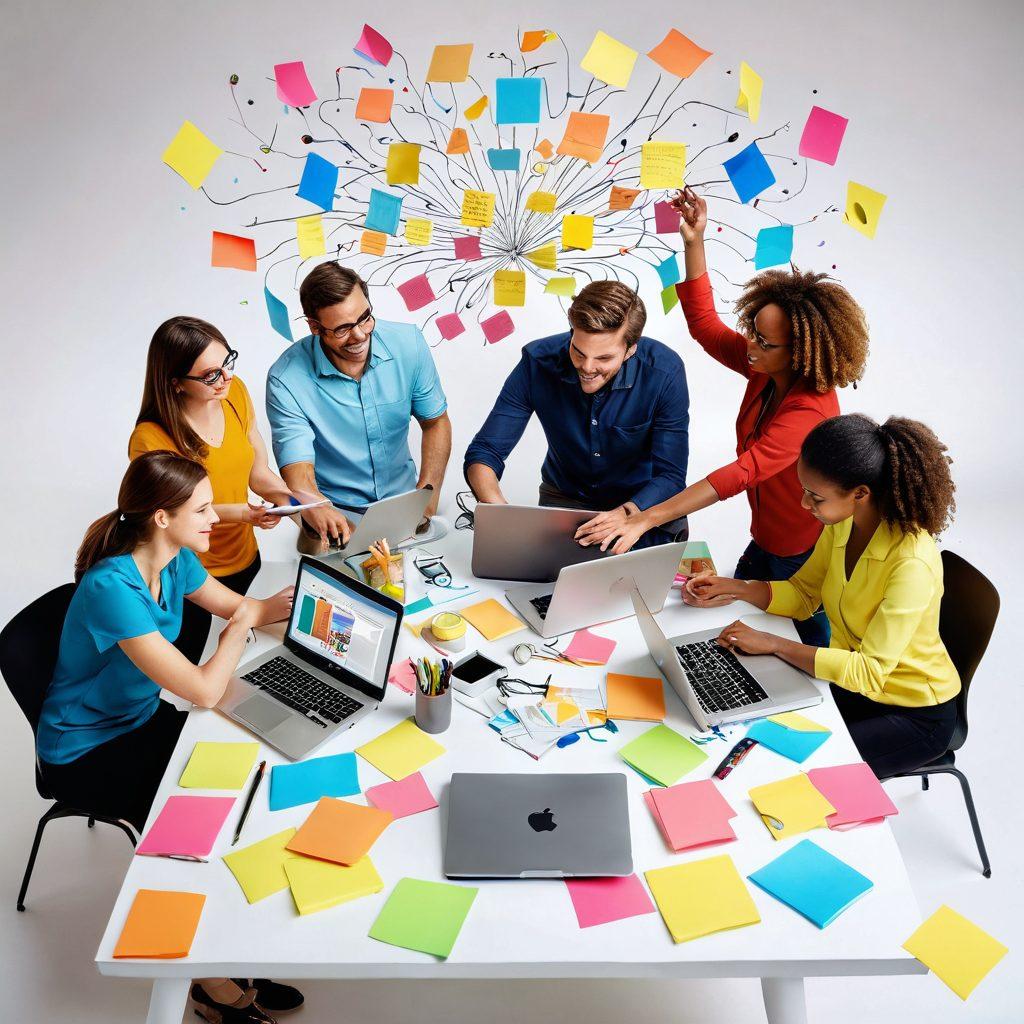 A diverse group of people energetically collaborating around a table covered with laptops, notebooks, and colorful sticky notes, symbolizing a vibrant online community. Above them, a swirling array of digital journals and blog posts floating in the air, radiating creativity and innovation. A glowing virtual space representing endless possibilities and connections. super-realistic. vibrant colors. white background.