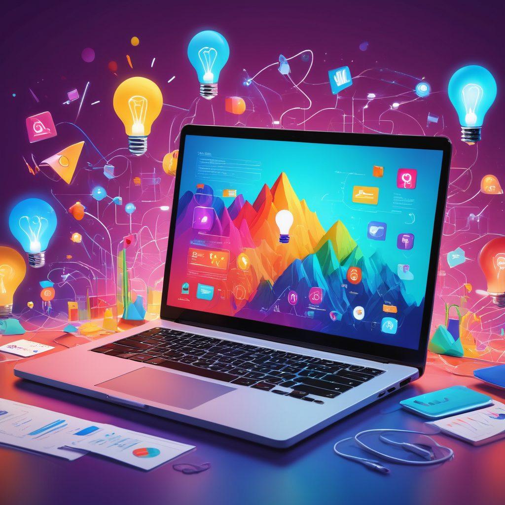 A vibrant illustration of a digital landscape filled with colorful blogs and content creation tools, showcasing a user navigating through various platforms on a sleek laptop. Include symbols of creativity like light bulbs, megaphones, and charts in the background, with a bustling, energetic atmosphere that reflects growth and innovation. super-realistic. vibrant colors. 3D.