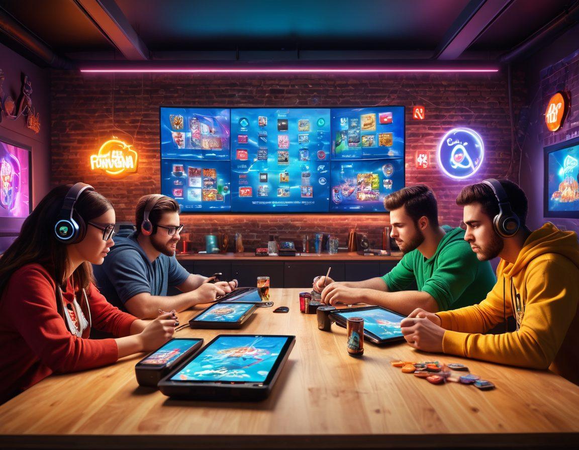 A dynamic scene featuring a diverse group of gamers collaborating around a digital table, with screens displaying vibrant gaming graphics and content creation tools. The atmosphere is electric, filled with colorful graphics and iconic gaming symbols floating above. Include elements of energy drinks and snacks to represent the gaming culture. The background has an inspiring blend of digital art showcasing popular game characters. super-realistic. vibrant colors. 3D.